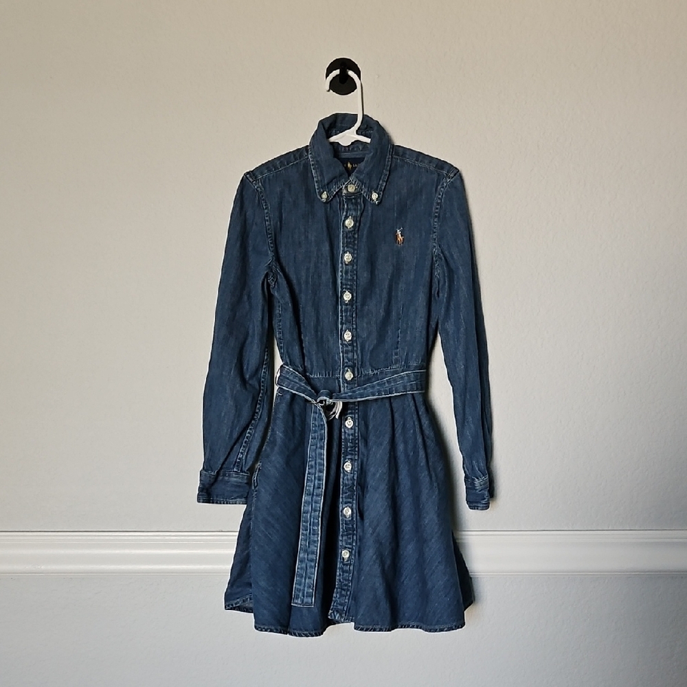 Polo Ralph Lauren Belted Casual Denim Shirt Dress 7 Bug Girls Blue Button Down